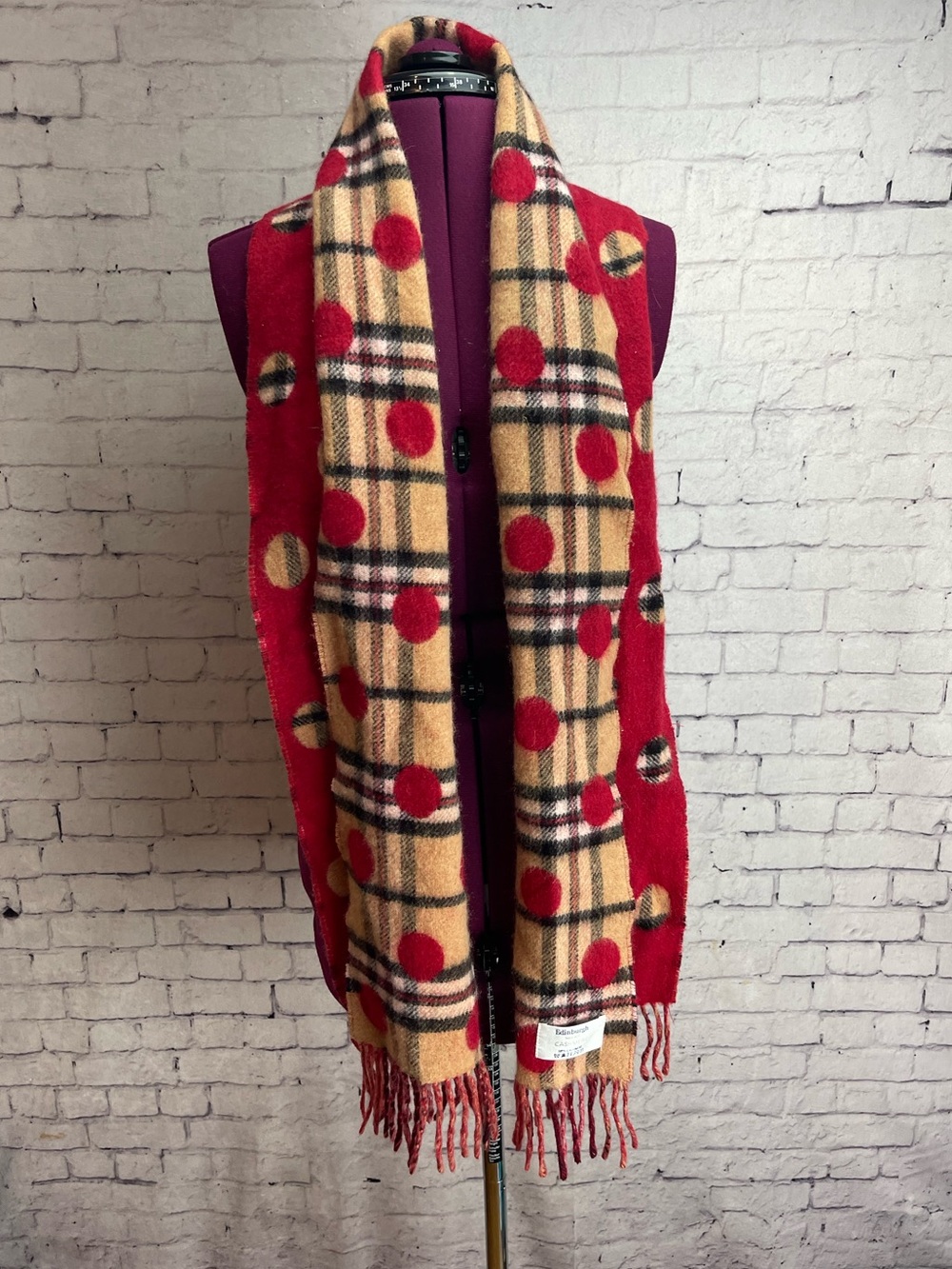 Edinburgh cashmere scarf plaid polka dots red and tan
